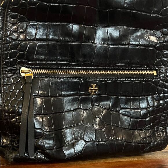 Tory Burch Croc Embossed Black Leather Mini Backpack Purse Gold Logo Casual Luxe main image 10